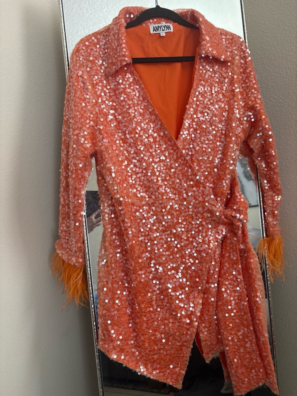 Orange Sequin Wrap Mini Dress with Feather Trim